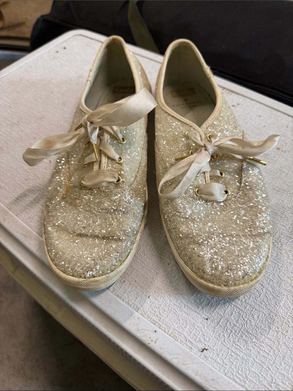 kate spade champagne glitter ribbon lace-up flats